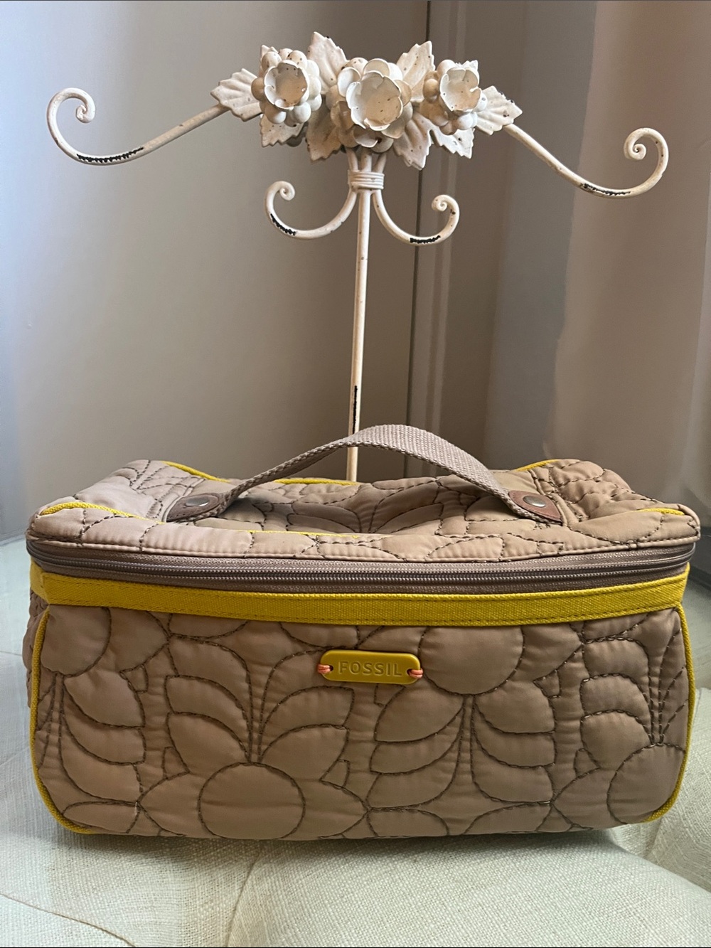 Fossil Taupe Quilted Makeup Case and Mirror with Yellow Green Accent